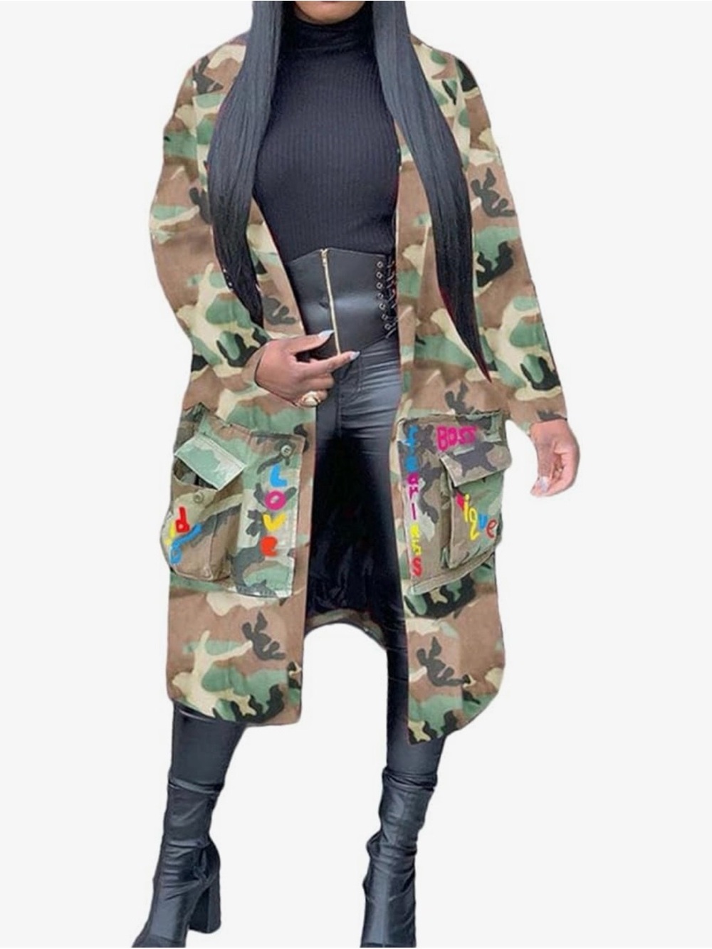 Camo Graphic Long Jacket with Bold Multicolor Text